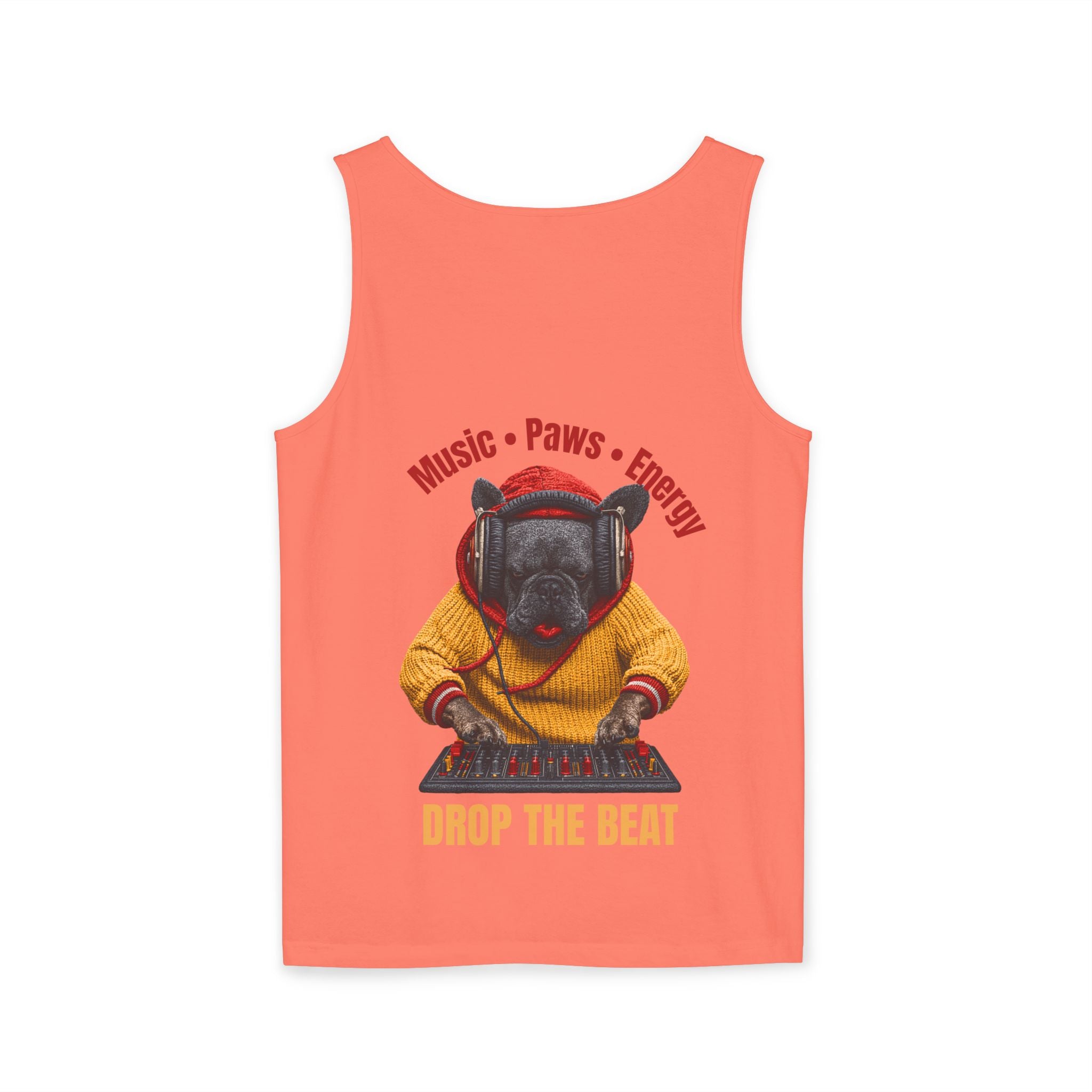 DJ Frenchie Dog Vest — "Music, Paw Prints, Energy: Igniting the Beat" Graphic Vest