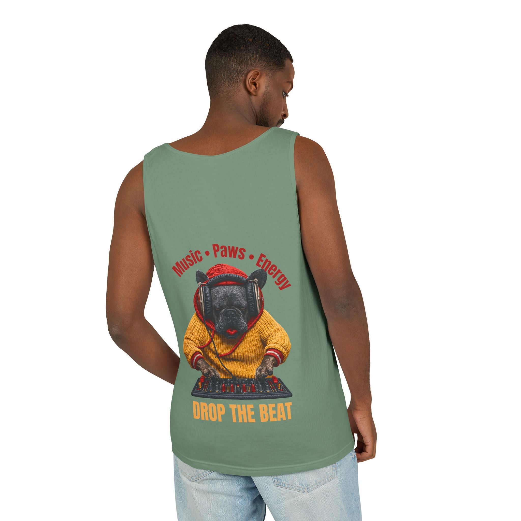 DJ Frenchie Dog Vest — "Music, Paw Prints, Energy: Igniting the Beat" Graphic Vest