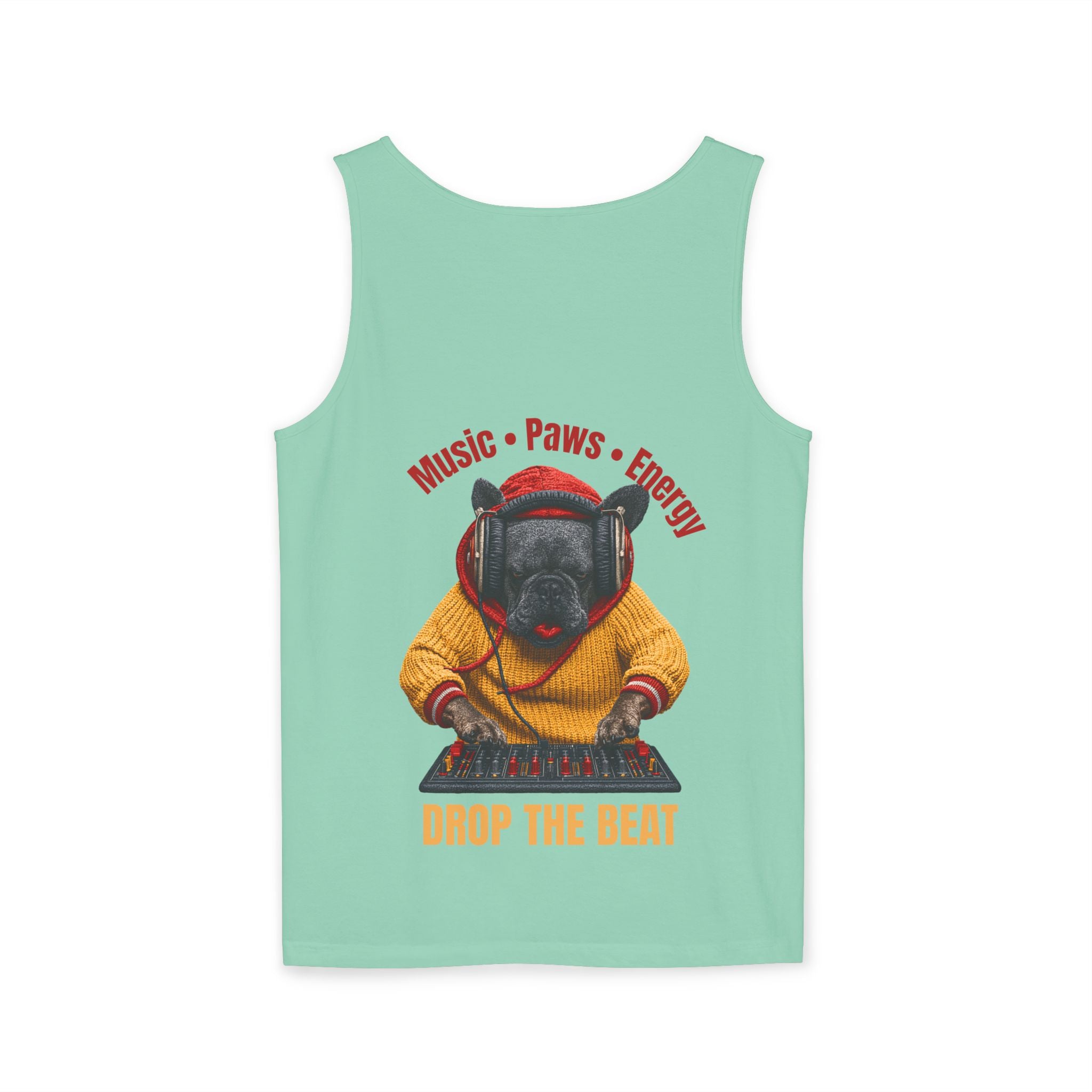 DJ Frenchie Dog Vest — "Music, Paw Prints, Energy: Igniting the Beat" Graphic Vest