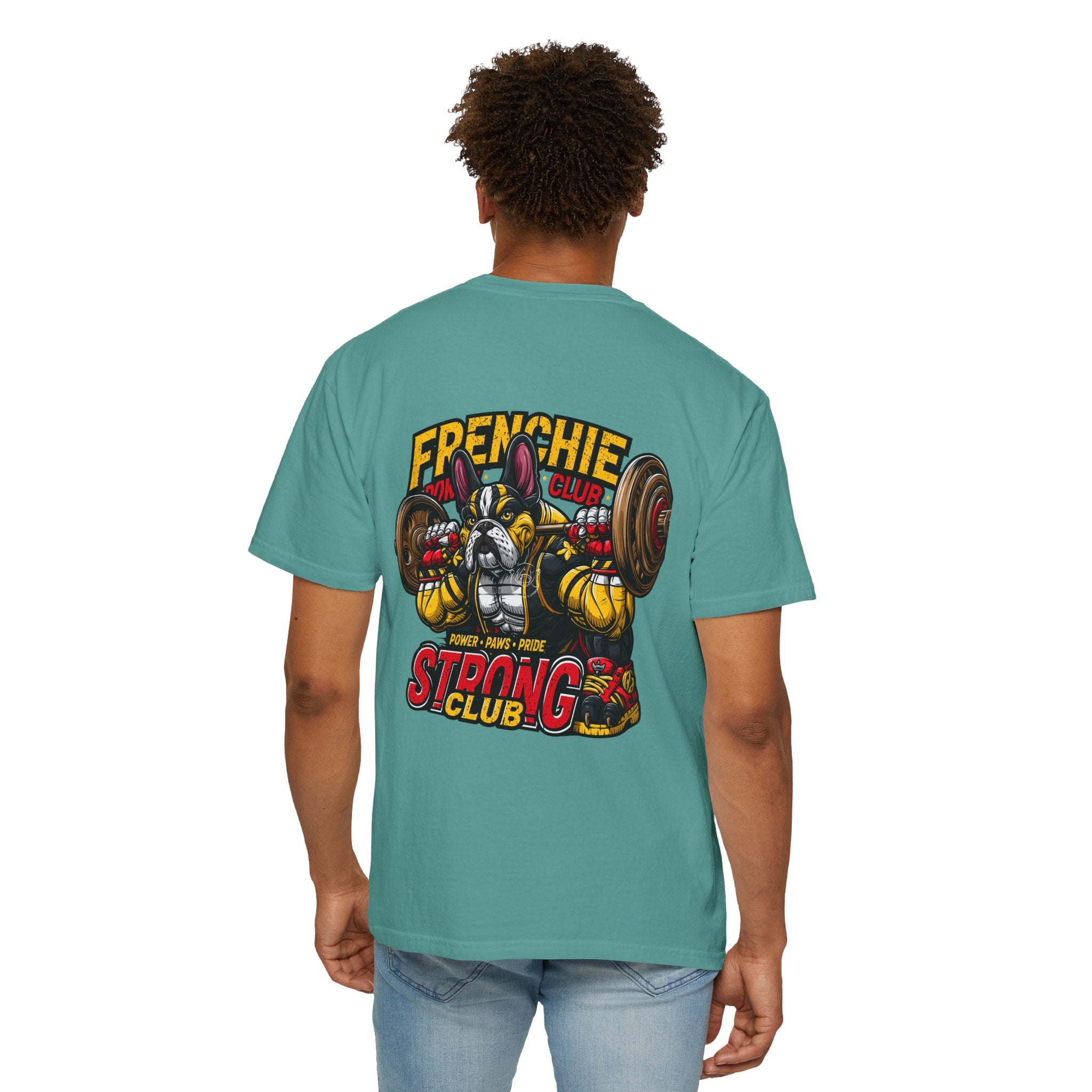 "Muscle-Style Frenchie Fitness T-Shirt — Cute French Bulldog Weightlifting Graphic Tee"