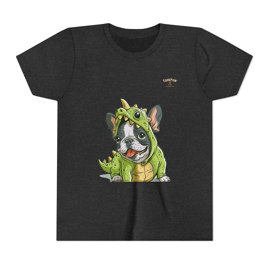 Kids Dino Costume Tee — Cute French Bulldog Puppy in Green Dinosaur Outfit