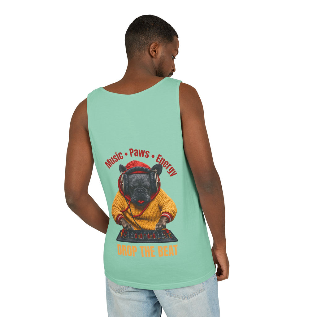 DJ Frenchie Dog Vest — "Music, Paw Prints, Energy: Igniting the Beat" Graphic Vest