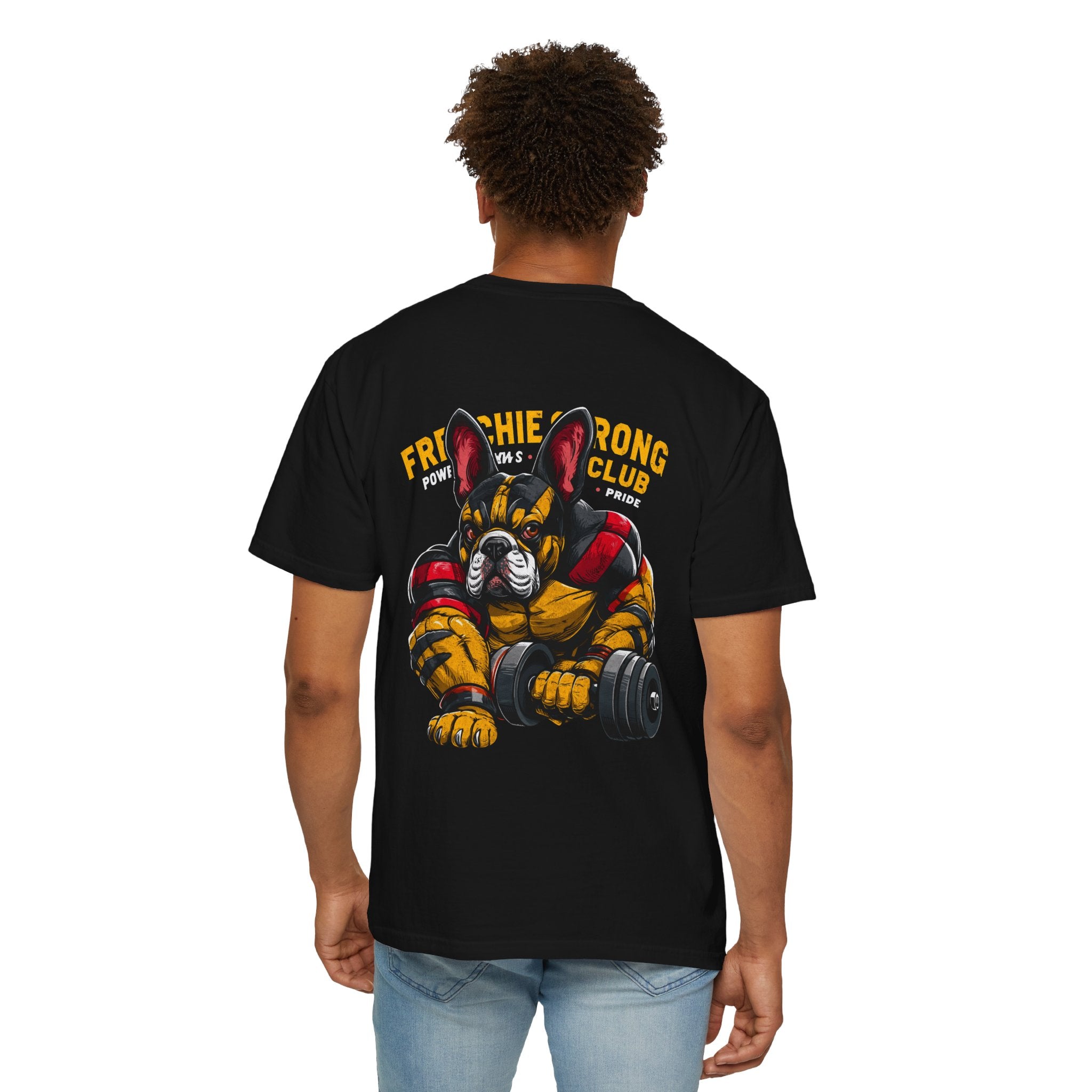 Frenchie Strong Club T‑Shirt — French Bulldog Weightlifting Graphic Tee