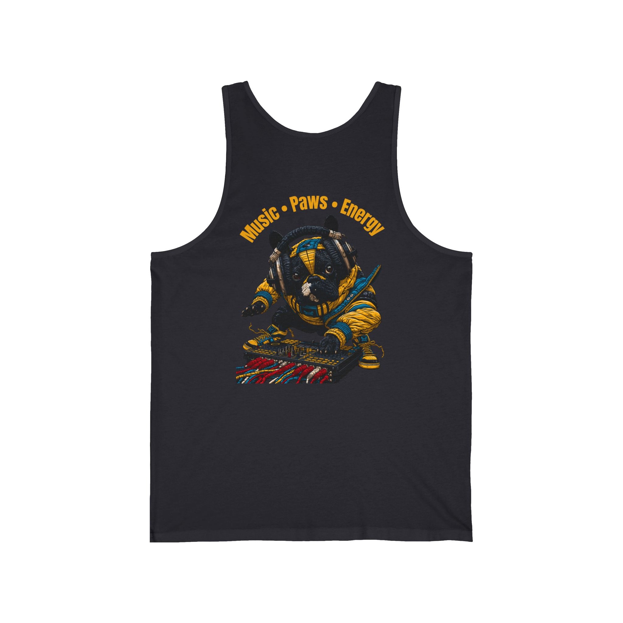 DJ Frenchie Graphic Tank Top — "Music, Paw Prints, & Energy" Summer Music Festival Tee