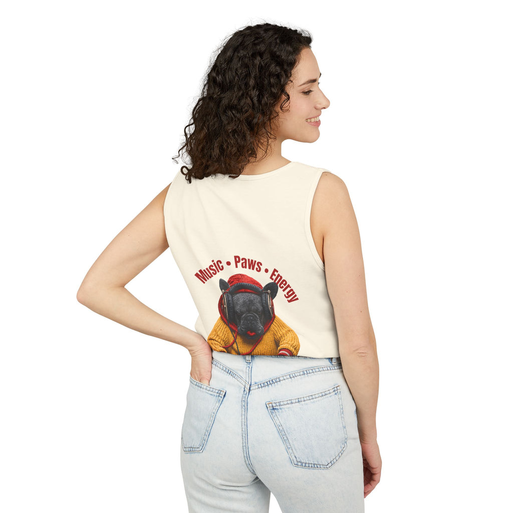 DJ Frenchie Dog Vest — "Music, Paw Prints, Energy: Igniting the Beat" Graphic Vest