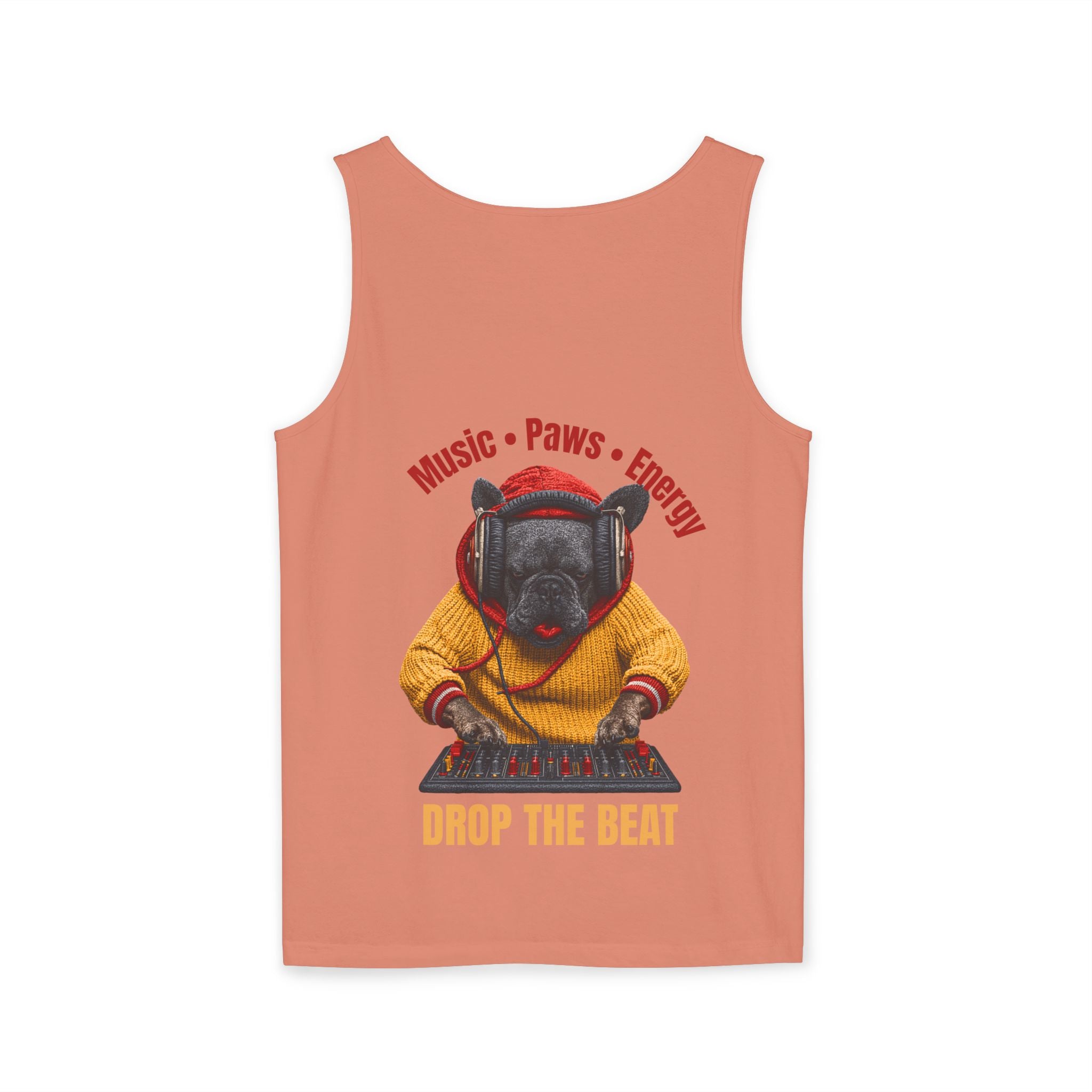DJ Frenchie Dog Vest — "Music, Paw Prints, Energy: Igniting the Beat" Graphic Vest