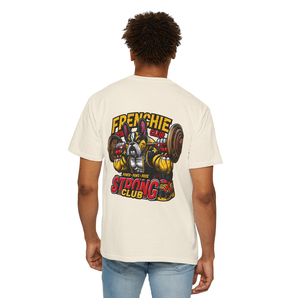 "Muscle-Style Frenchie Fitness T-Shirt — Cute French Bulldog Weightlifting Graphic Tee"