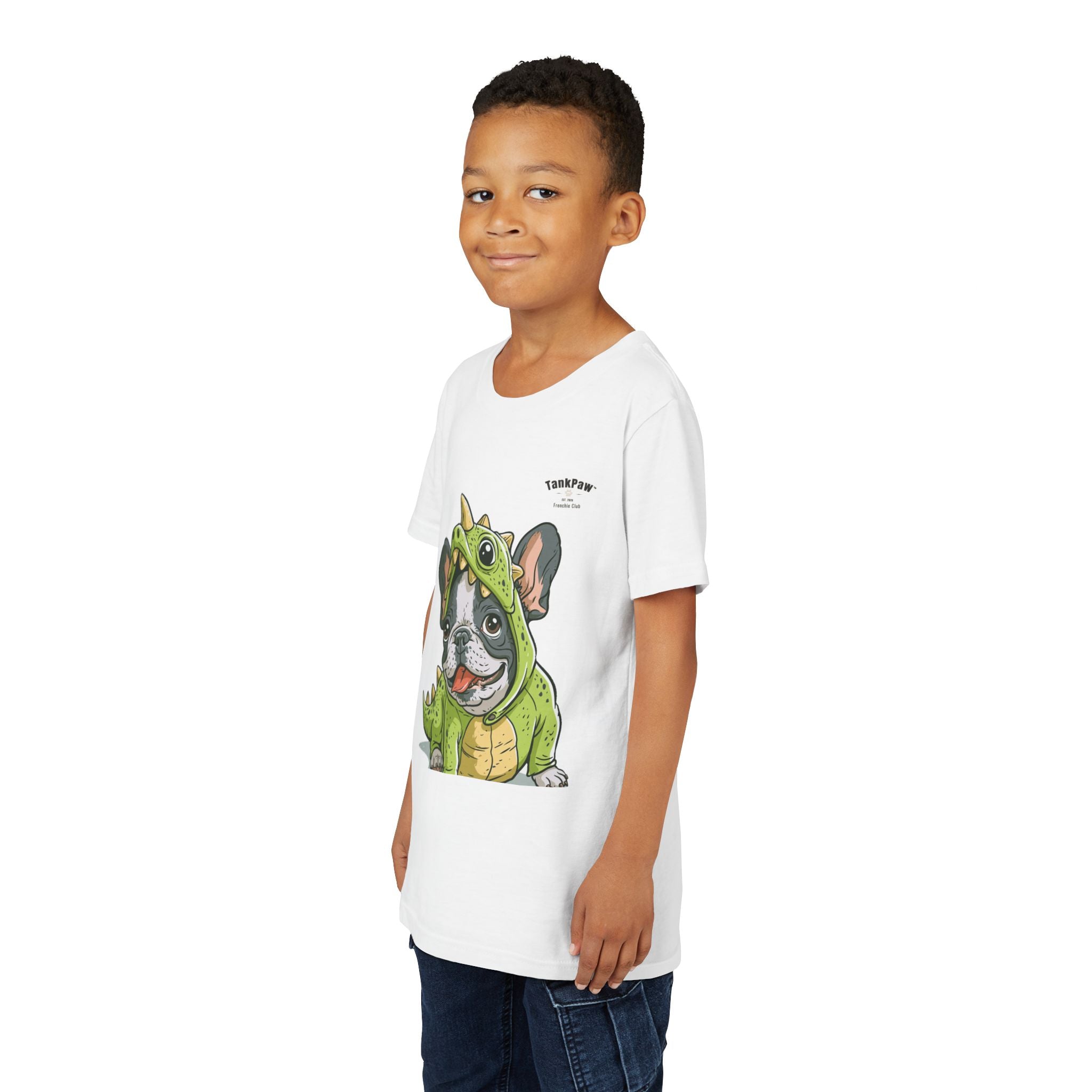 Kids Dino Costume Tee — Cute French Bulldog Puppy in Green Dinosaur Outfit