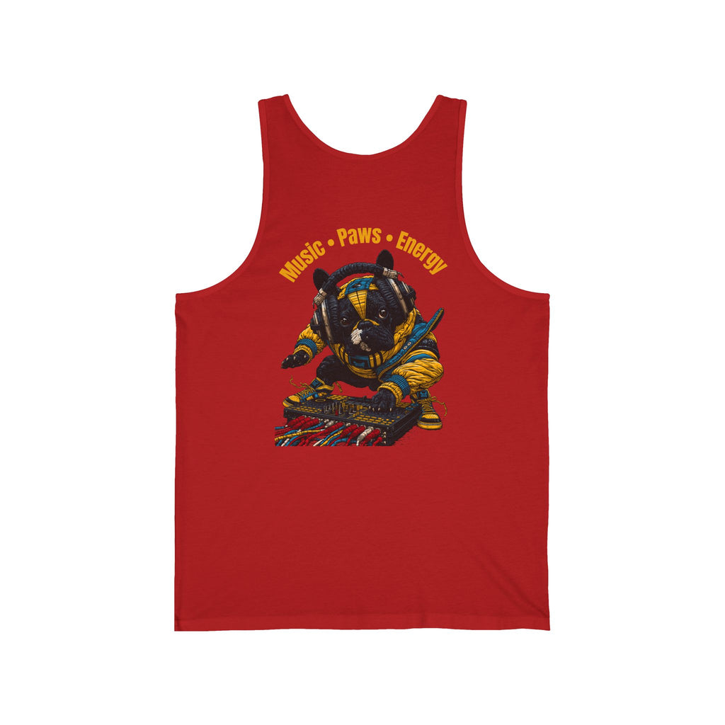 DJ Frenchie Graphic Tank Top — "Music, Paw Prints, & Energy" Summer Music Festival Tee