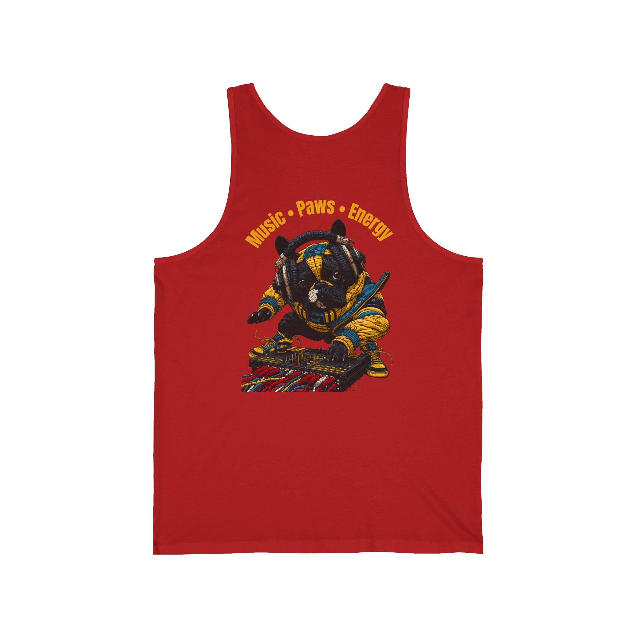 DJ Frenchie Graphic Tank Top — "Music, Paw Prints, & Energy" Summer Music Festival Tee