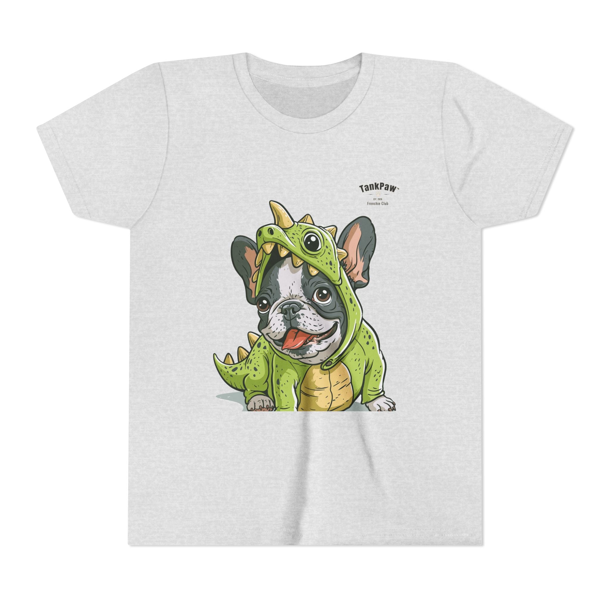 Kids Dino Costume Tee — Cute French Bulldog Puppy in Green Dinosaur Outfit