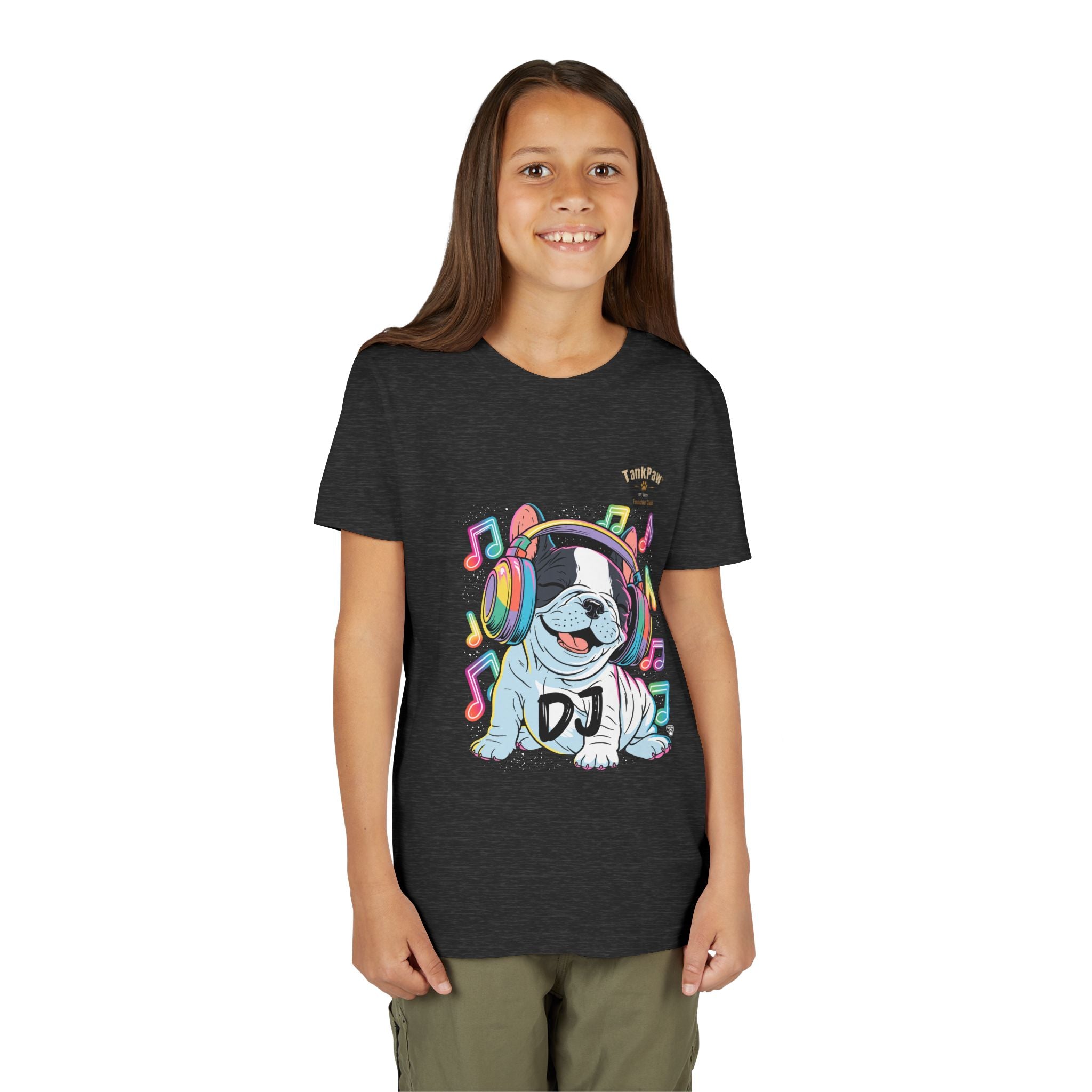DJ Bulldog Kids Tee — Colorful Headphones Music T-Shirt for Boys & Girls