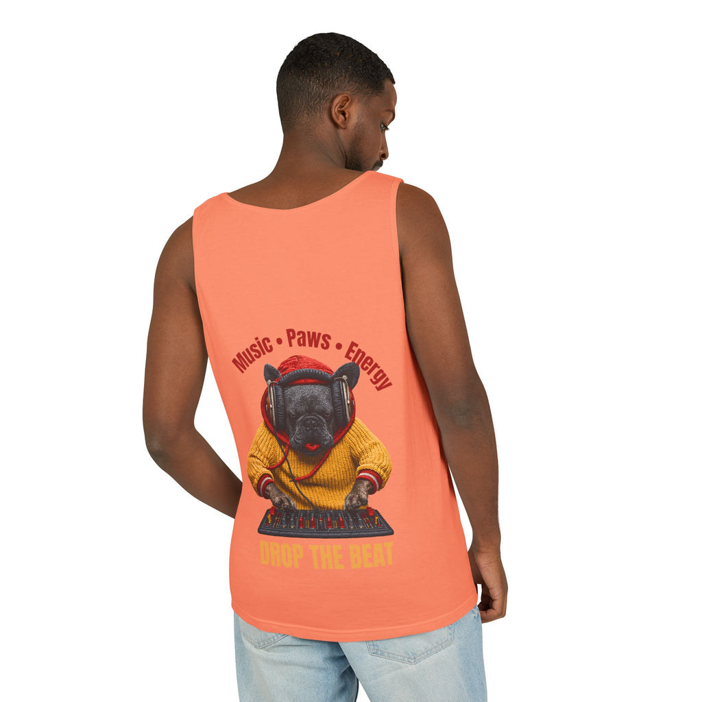 DJ Frenchie Dog Vest — "Music, Paw Prints, Energy: Igniting the Beat" Graphic Vest