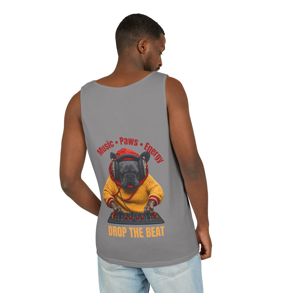 DJ Frenchie Dog Vest — "Music, Paw Prints, Energy: Igniting the Beat" Graphic Vest