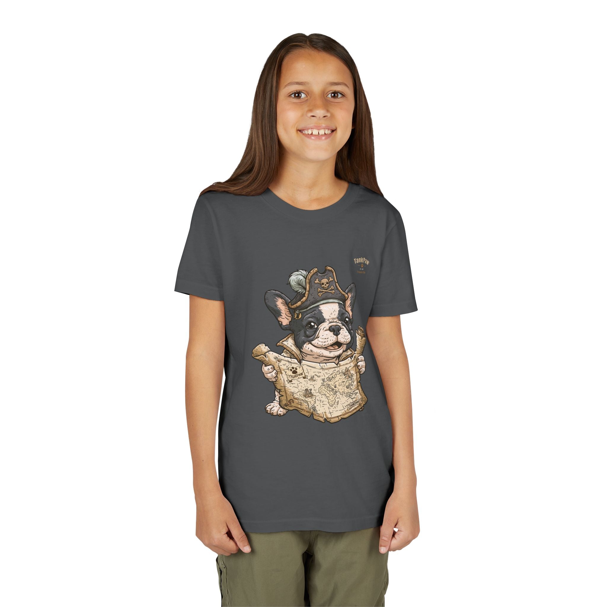 Kids Pirate Dog Tee — "Ahoy!" Map & Captain French Bulldog Youth T-Shirt