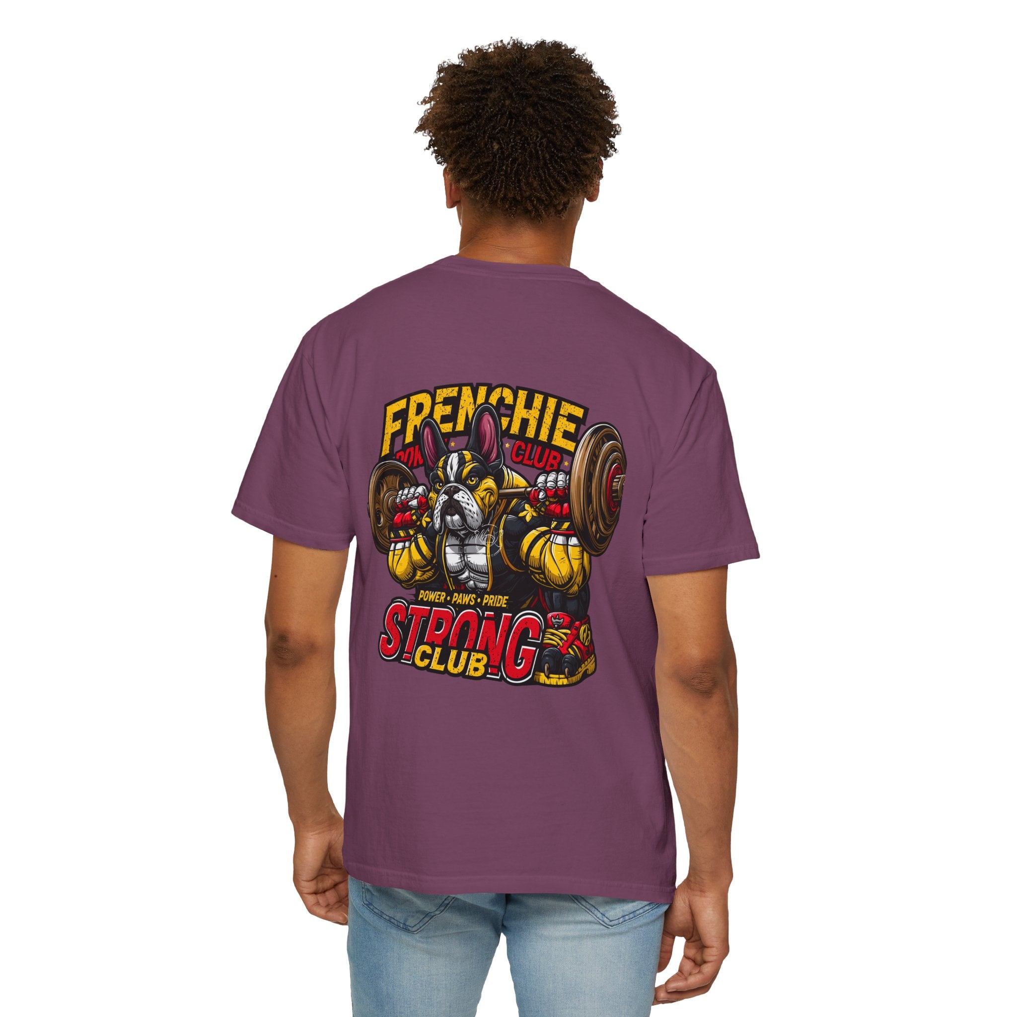 "Muscle-Style Frenchie Fitness T-Shirt — Cute French Bulldog Weightlifting Graphic Tee"