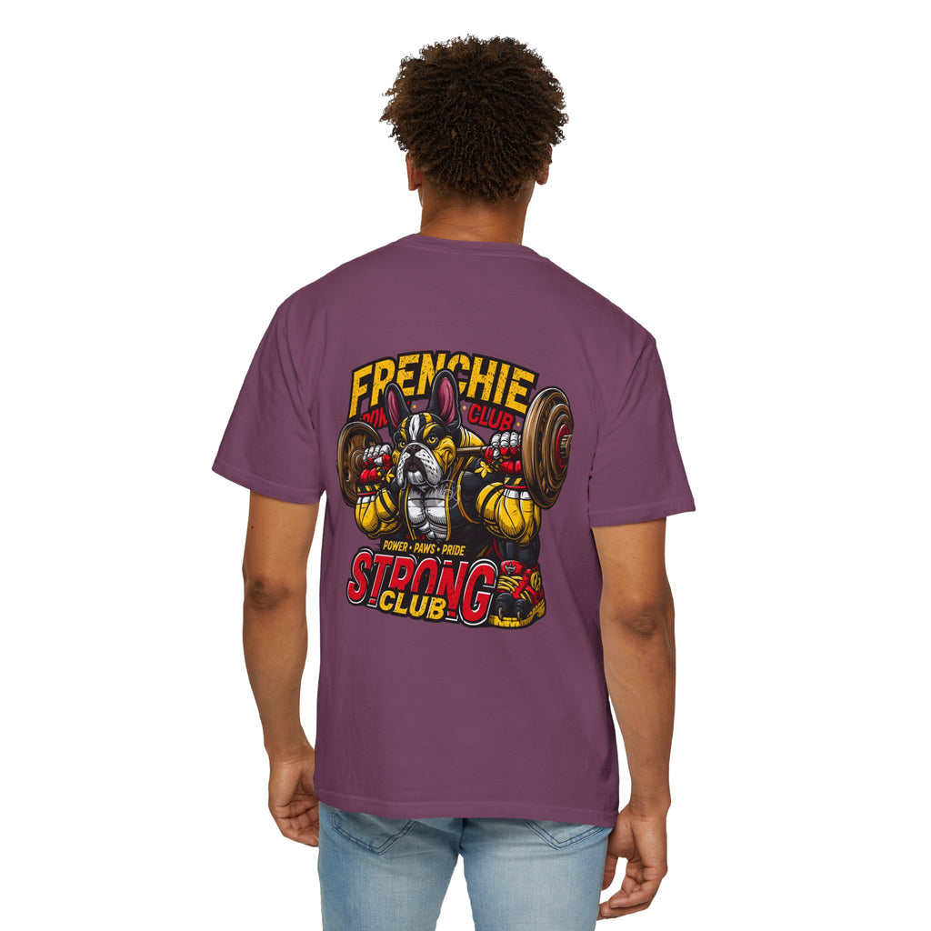 "Muscle-Style Frenchie Fitness T-Shirt — Cute French Bulldog Weightlifting Graphic Tee"