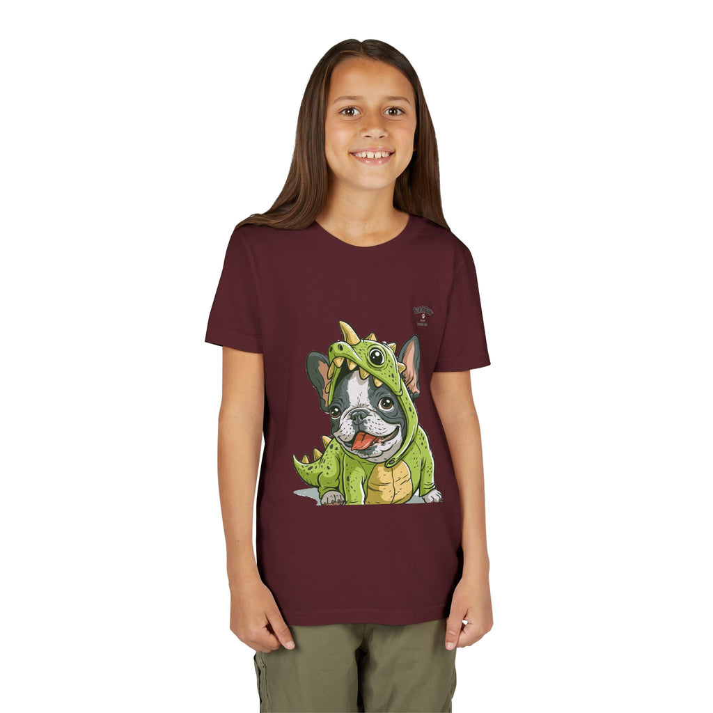 Kids Dino Costume Tee — Cute French Bulldog Puppy in Green Dinosaur Outfit