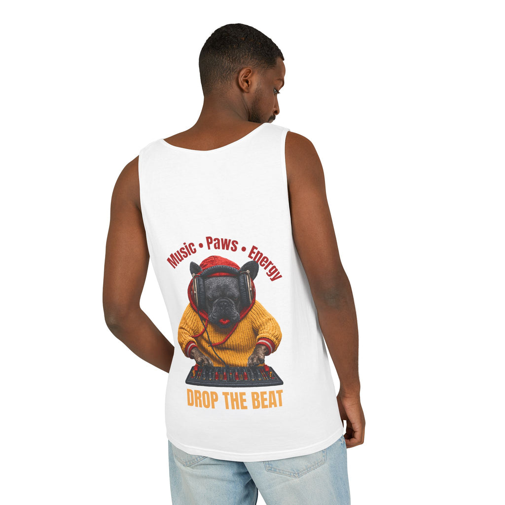 DJ Frenchie Dog Vest — "Music, Paw Prints, Energy: Igniting the Beat" Graphic Vest