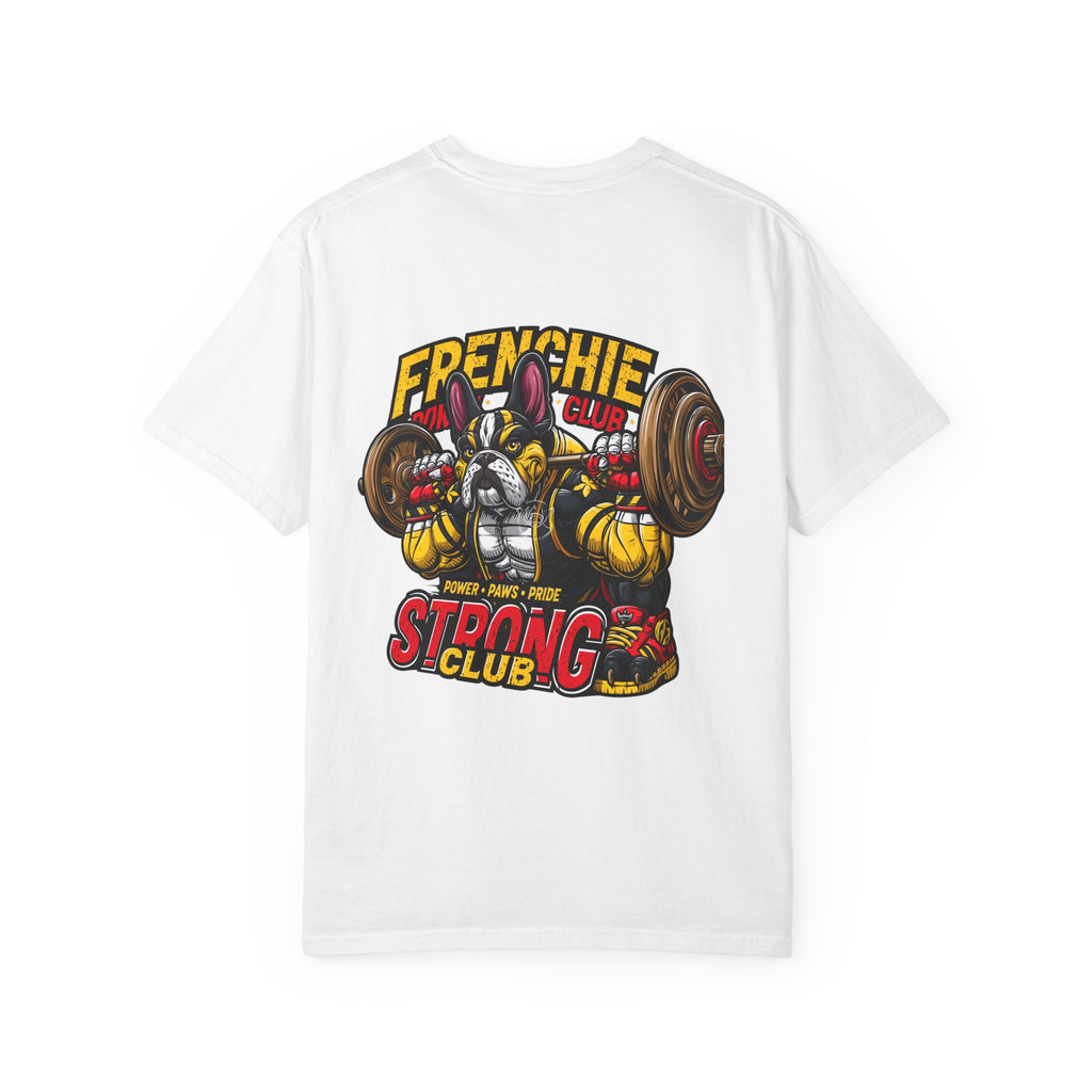 "Muscle-Style Frenchie Fitness T-Shirt — Cute French Bulldog Weightlifting Graphic Tee"