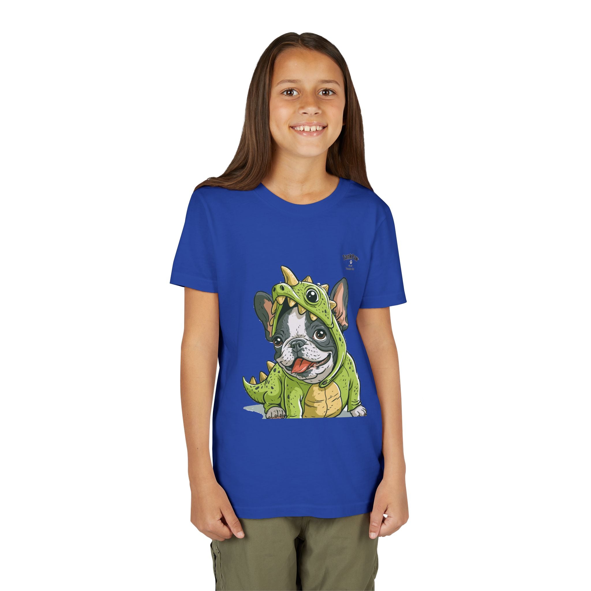 Kids Dino Costume Tee — Cute French Bulldog Puppy in Green Dinosaur Outfit