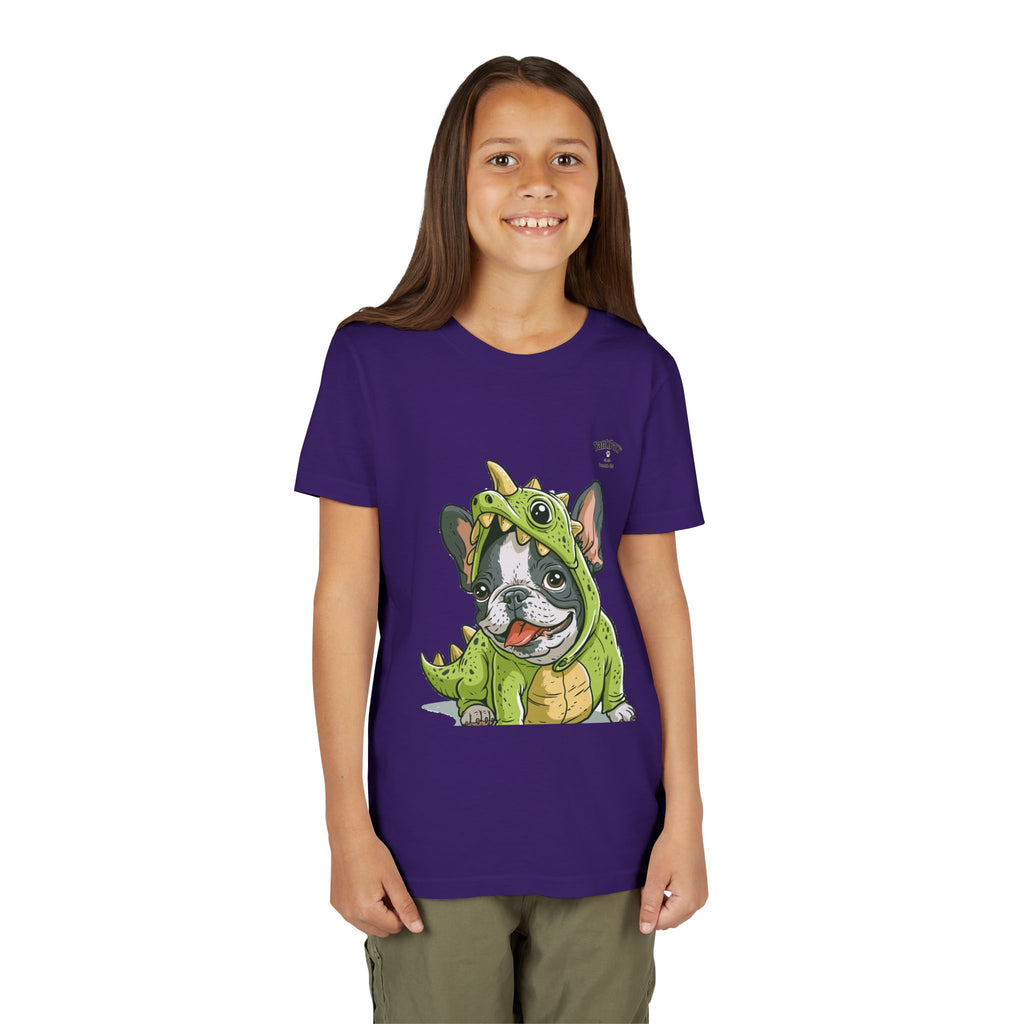 Kids Dino Costume Tee — Cute French Bulldog Puppy in Green Dinosaur Outfit