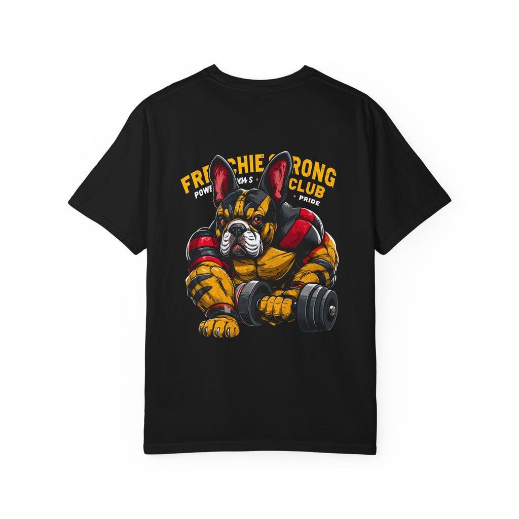 Frenchie Strong Club T‑Shirt — French Bulldog Weightlifting Graphic Tee