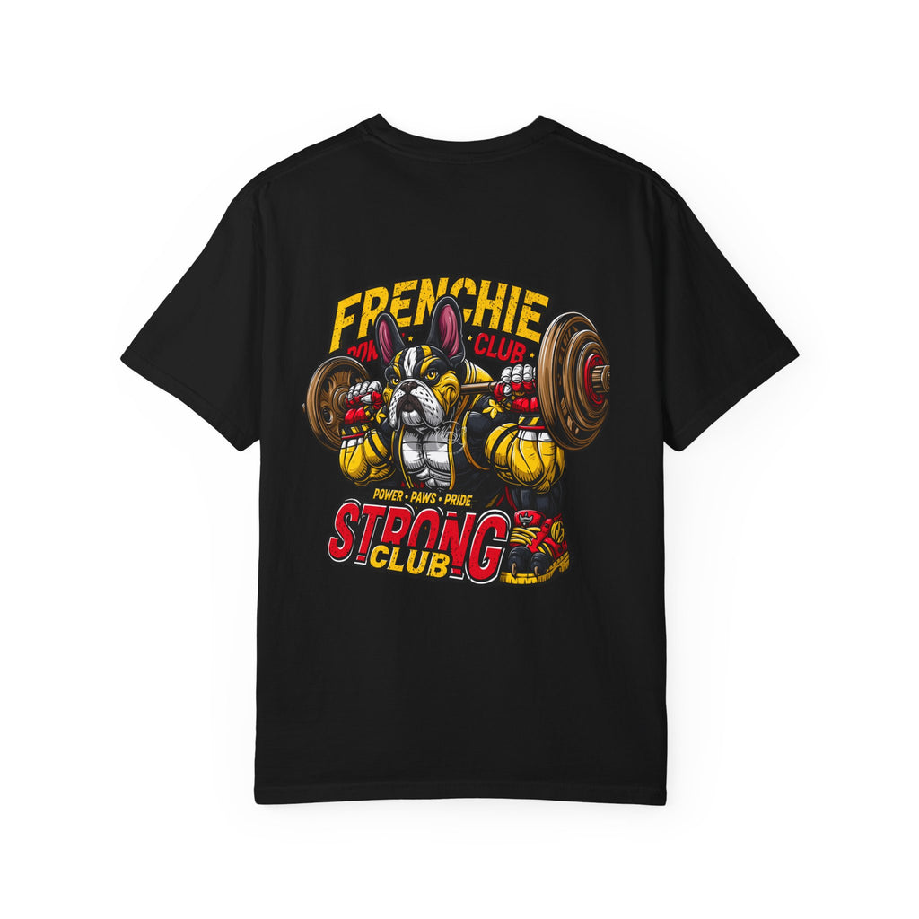 "Muscle-Style Frenchie Fitness T-Shirt — Cute French Bulldog Weightlifting Graphic Tee"