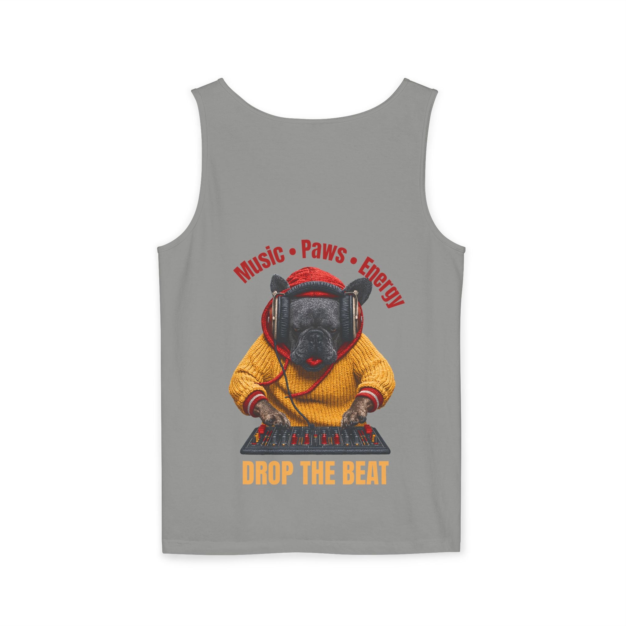 DJ Frenchie Dog Vest — "Music, Paw Prints, Energy: Igniting the Beat" Graphic Vest