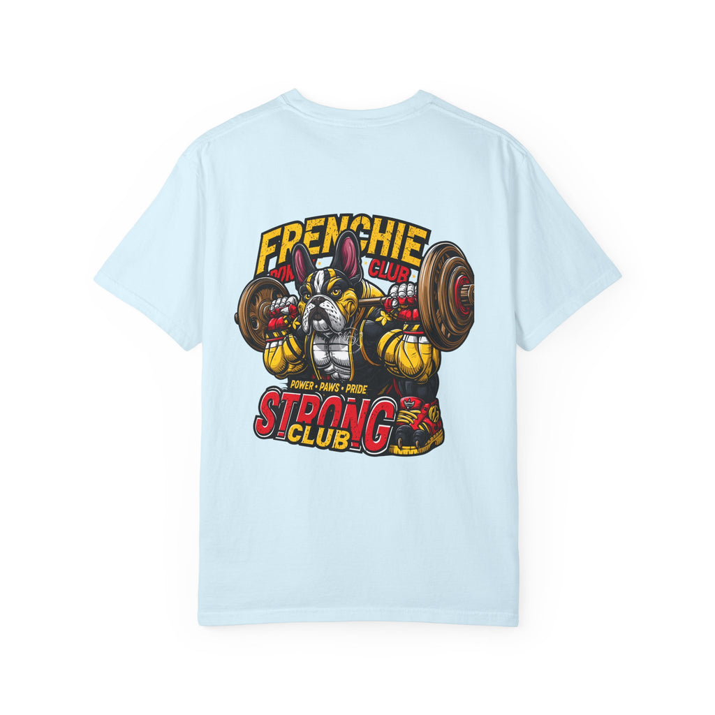 "Muscle-Style Frenchie Fitness T-Shirt — Cute French Bulldog Weightlifting Graphic Tee"