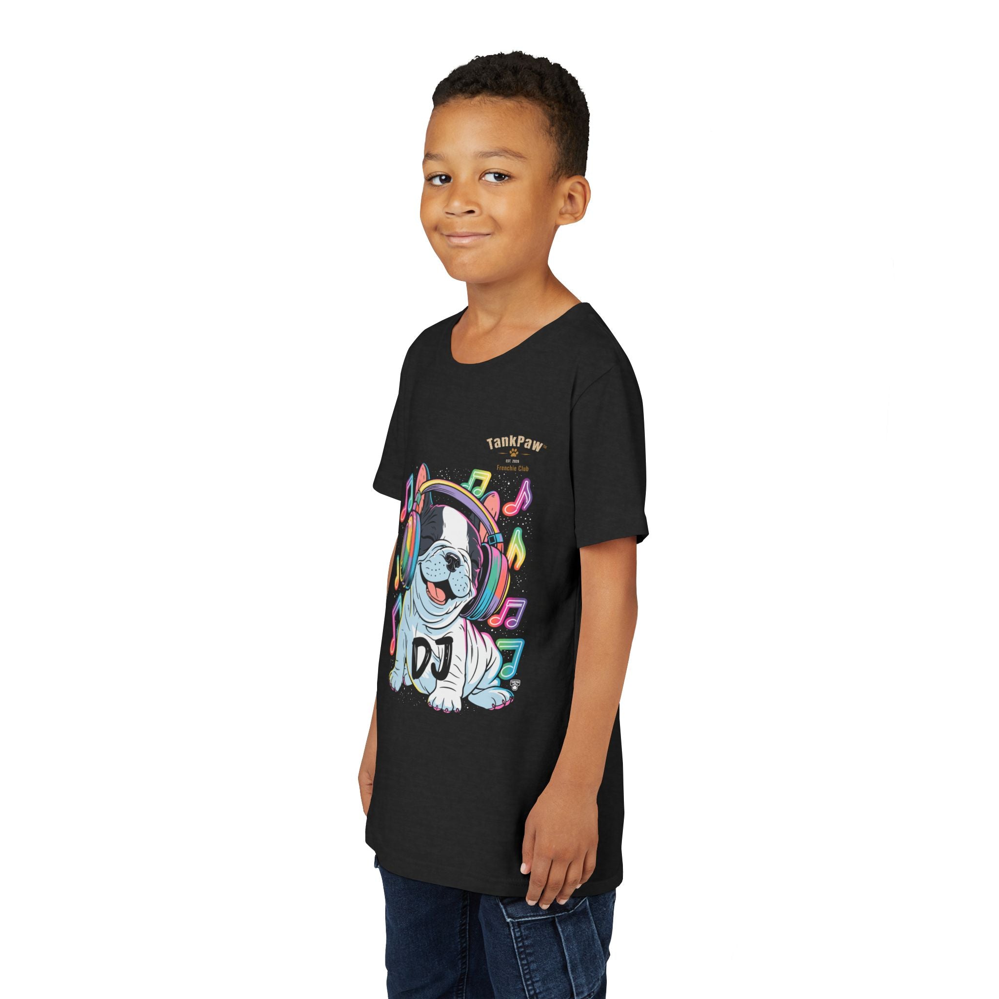 DJ Bulldog Kids Tee — Colorful Headphones Music T-Shirt for Boys & Girls