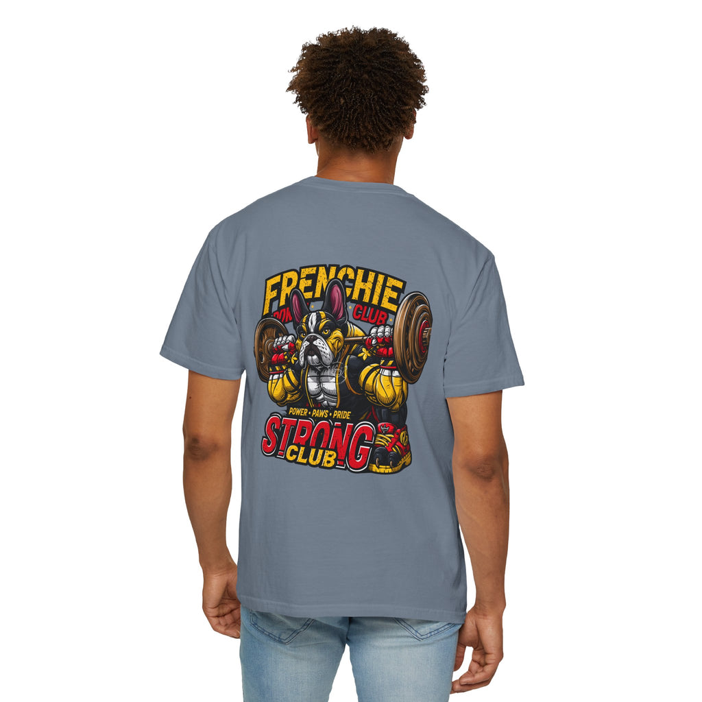 "Muscle-Style Frenchie Fitness T-Shirt — Cute French Bulldog Weightlifting Graphic Tee"
