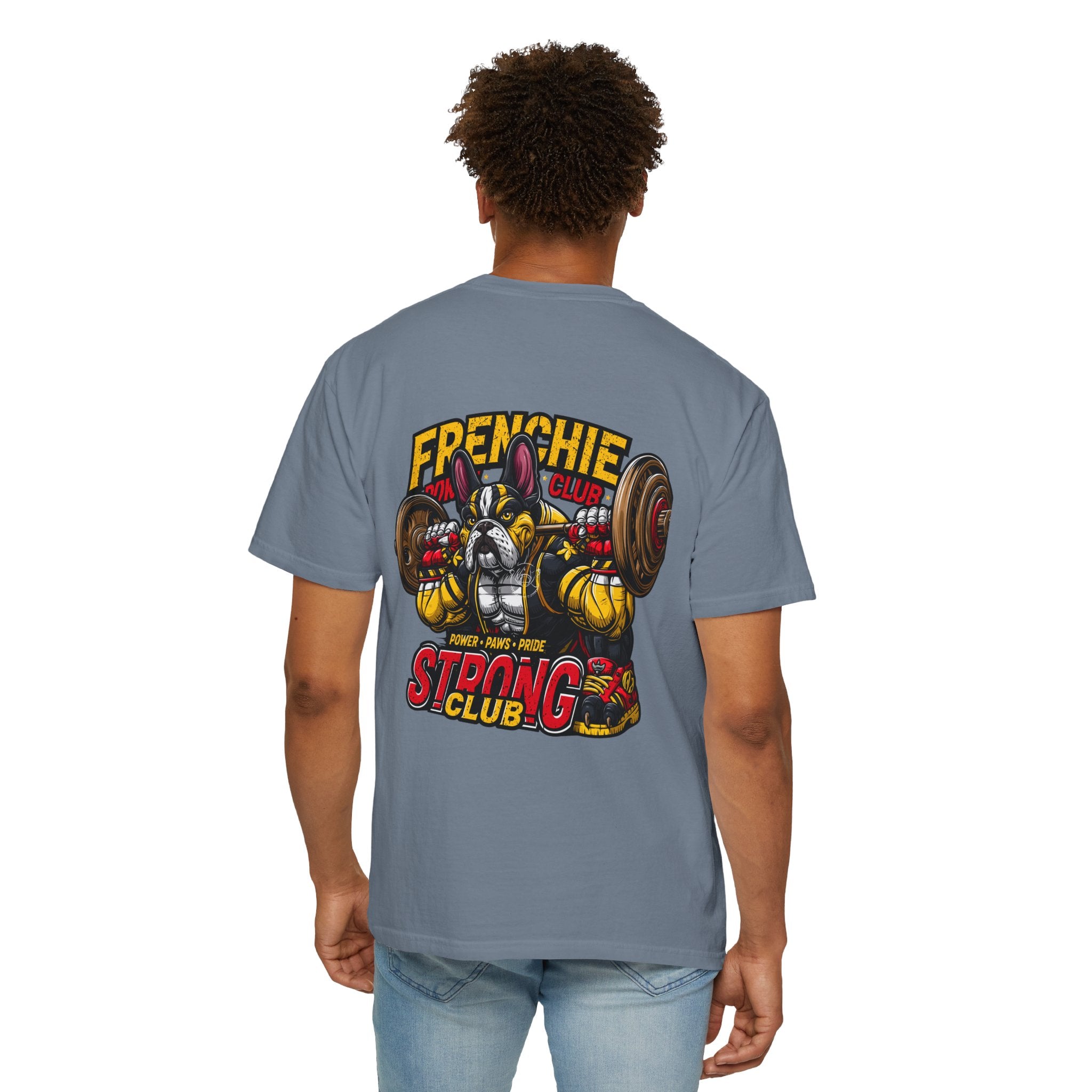 "Muscle-Style Frenchie Fitness T-Shirt — Cute French Bulldog Weightlifting Graphic Tee"