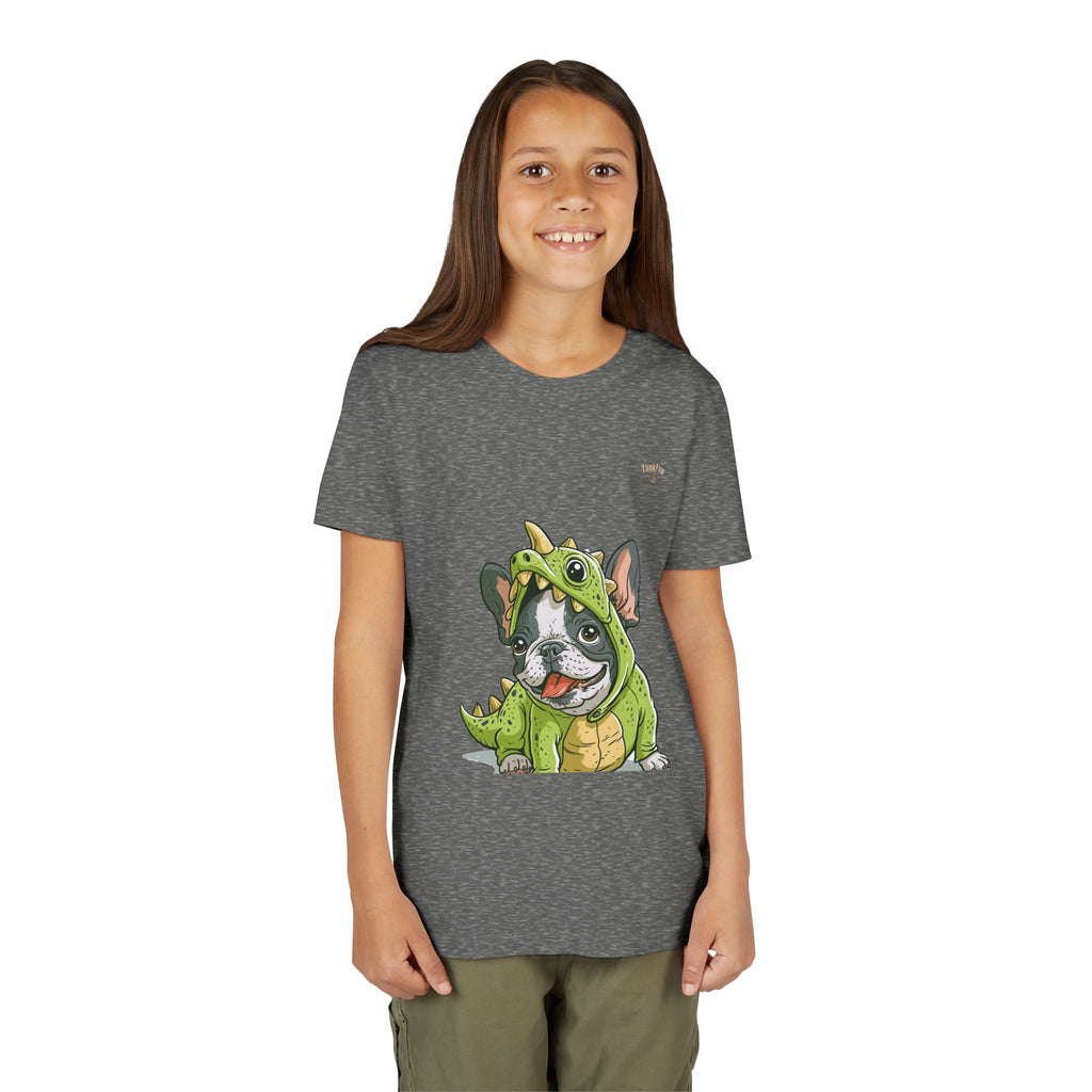 Kids Dino Costume Tee — Cute French Bulldog Puppy in Green Dinosaur Outfit