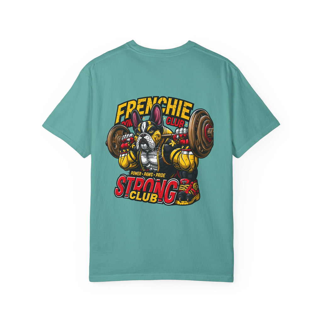 "Muscle-Style Frenchie Fitness T-Shirt — Cute French Bulldog Weightlifting Graphic Tee"