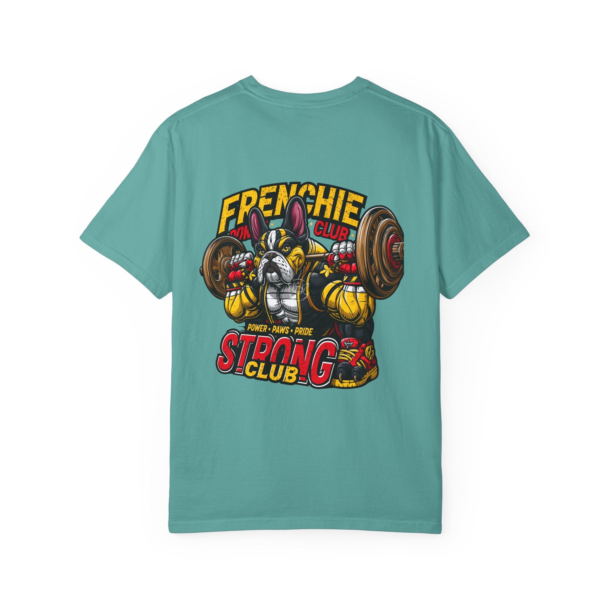 "Muscle-Style Frenchie Fitness T-Shirt — Cute French Bulldog Weightlifting Graphic Tee"