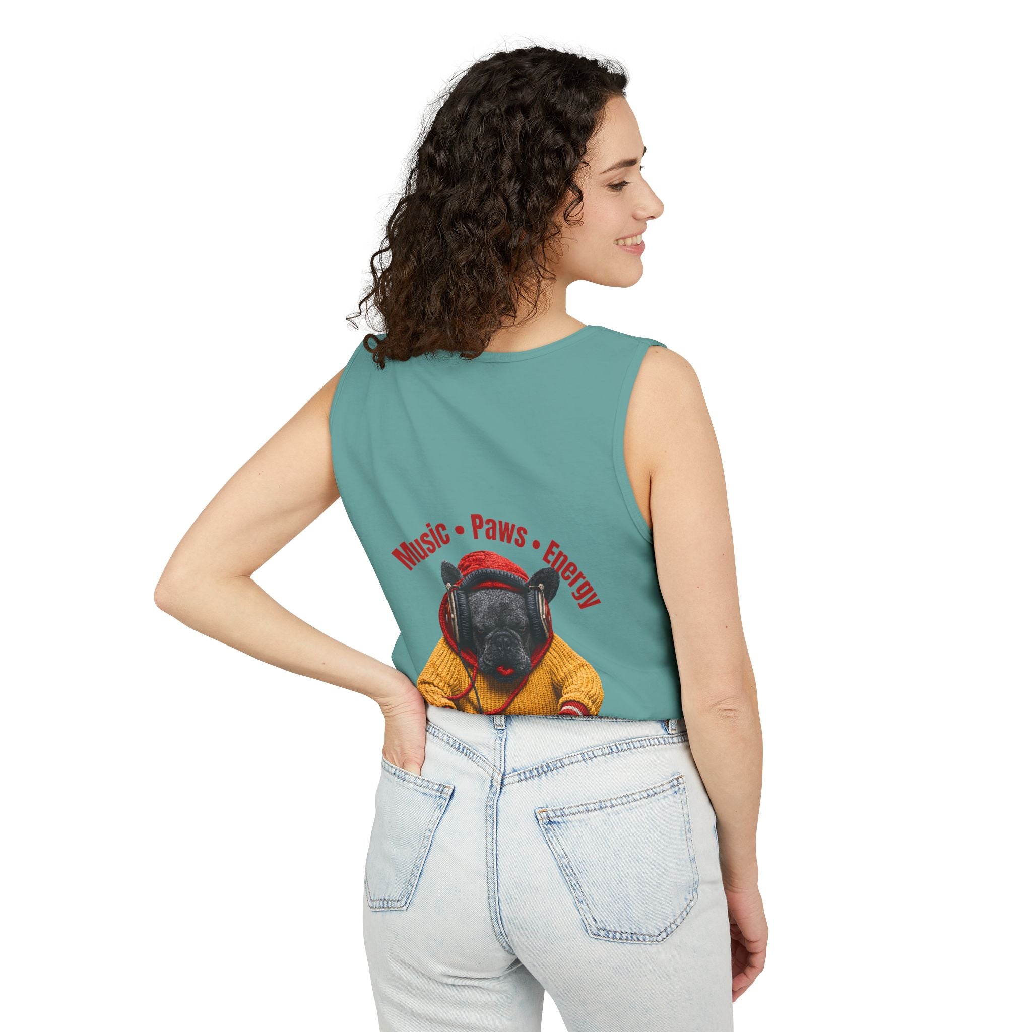 DJ Frenchie Dog Vest — "Music, Paw Prints, Energy: Igniting the Beat" Graphic Vest