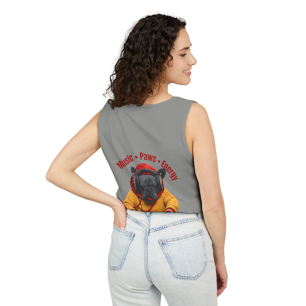 DJ Frenchie Dog Vest — "Music, Paw Prints, Energy: Igniting the Beat" Graphic Vest