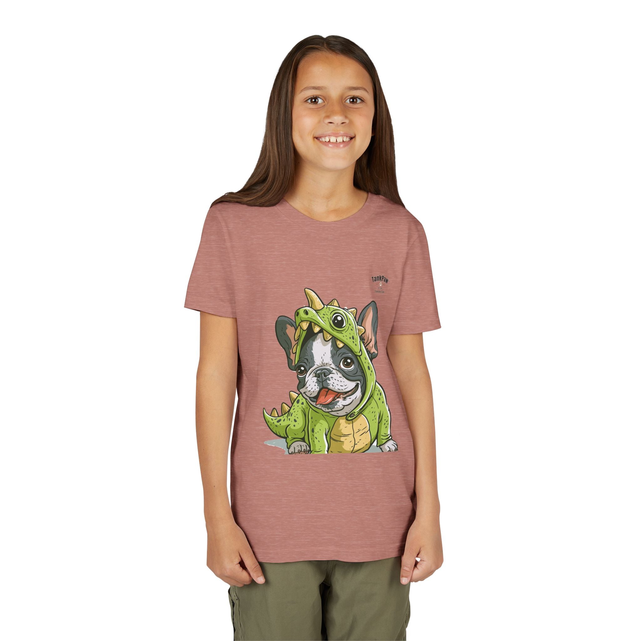 Kids Dino Costume Tee — Cute French Bulldog Puppy in Green Dinosaur Outfit