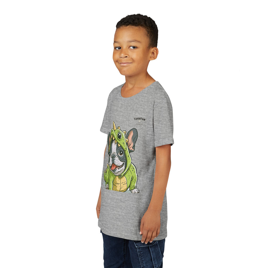 Kids Dino Costume Tee — Cute French Bulldog Puppy in Green Dinosaur Outfit