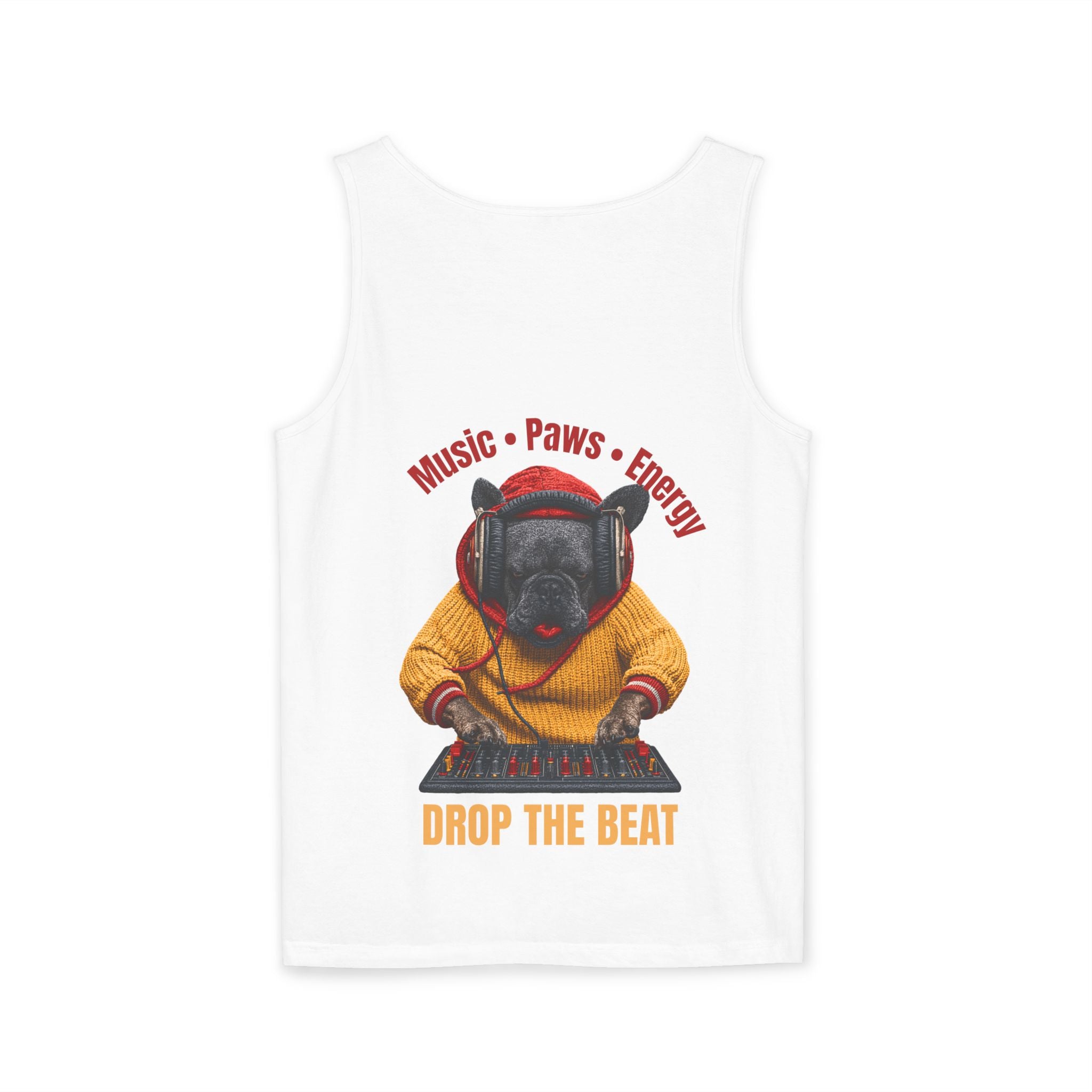 DJ Frenchie Dog Vest — "Music, Paw Prints, Energy: Igniting the Beat" Graphic Vest