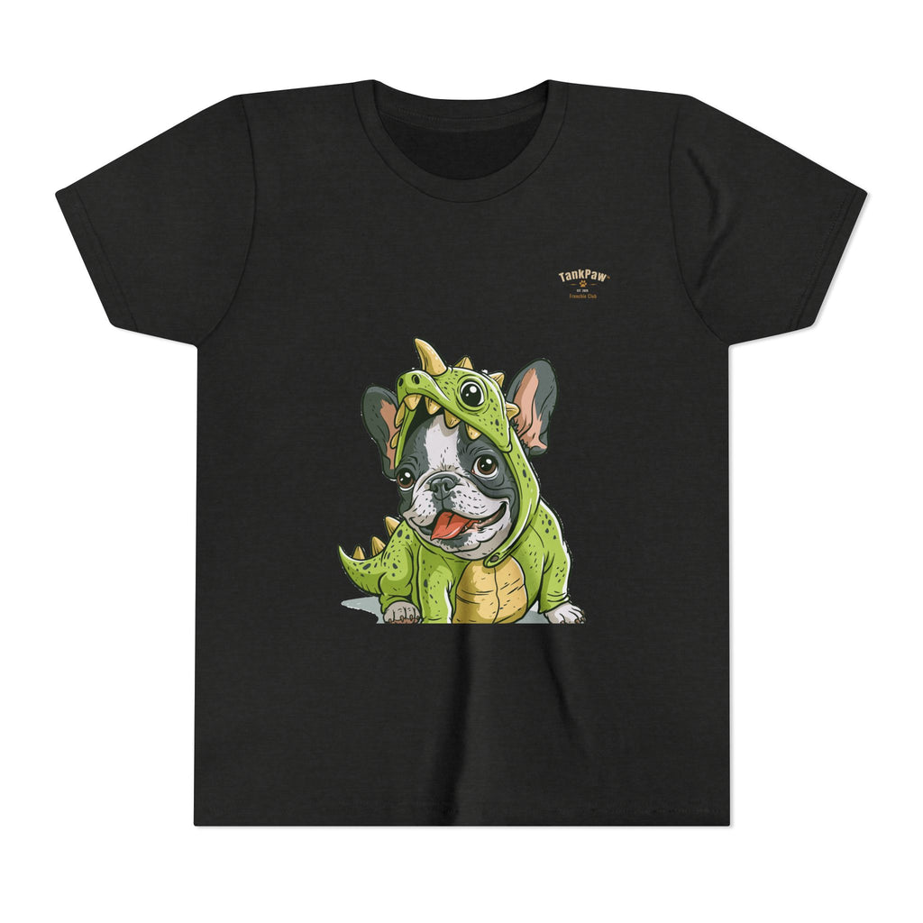 Kids Dino Costume Tee — Cute French Bulldog Puppy in Green Dinosaur Outfit