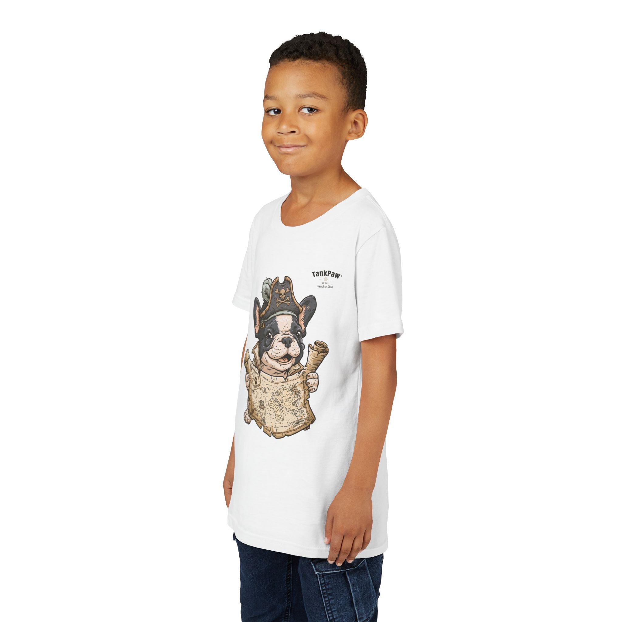 Kids Pirate Dog Tee — "Ahoy!" Map & Captain French Bulldog Youth T-Shirt