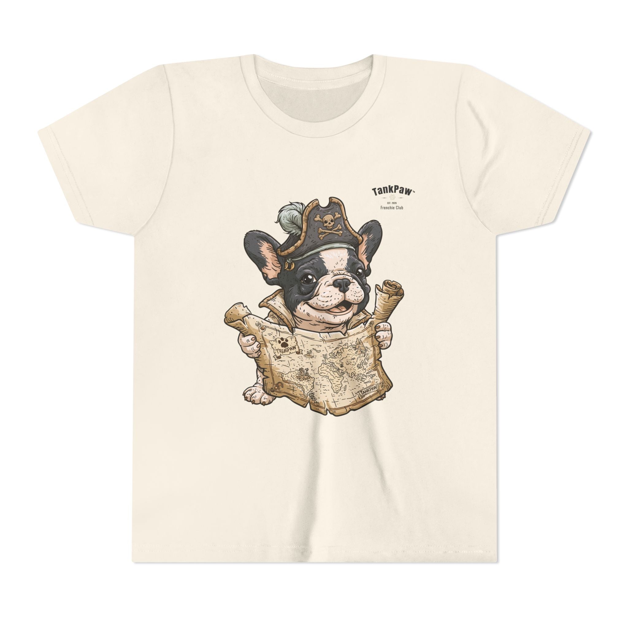 Kids Pirate Dog Tee — "Ahoy!" Map & Captain French Bulldog Youth T-Shirt