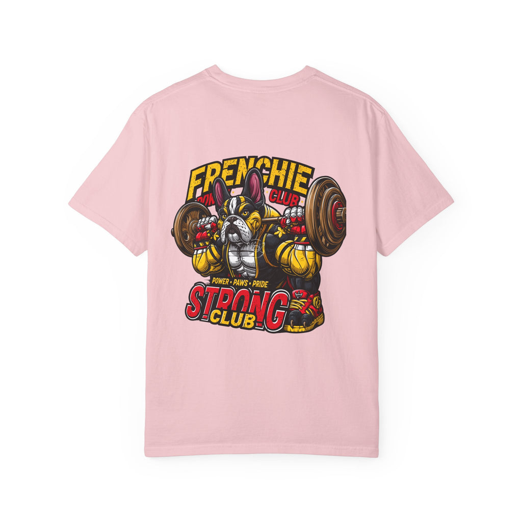 "Muscle-Style Frenchie Fitness T-Shirt — Cute French Bulldog Weightlifting Graphic Tee"