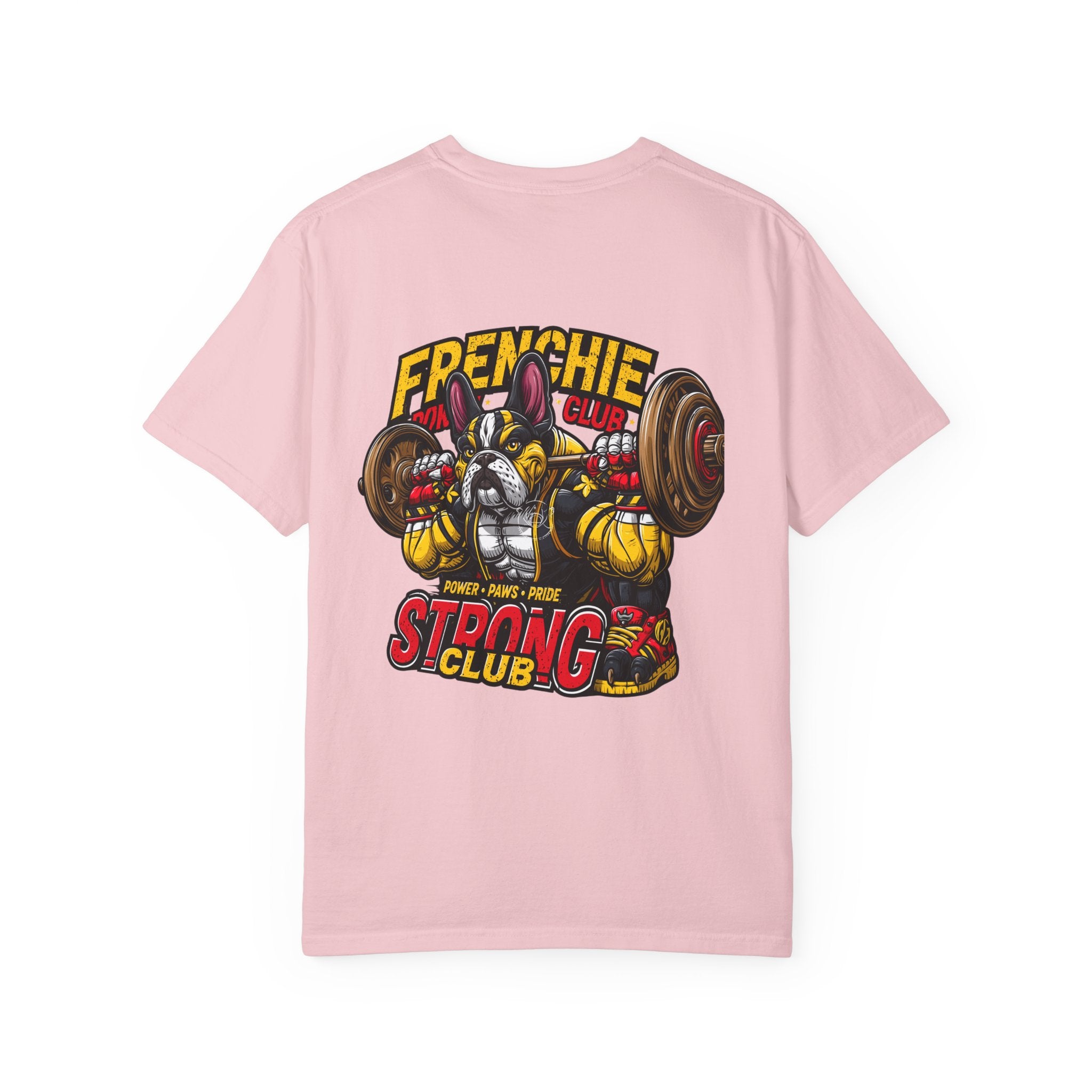 "Muscle-Style Frenchie Fitness T-Shirt — Cute French Bulldog Weightlifting Graphic Tee"