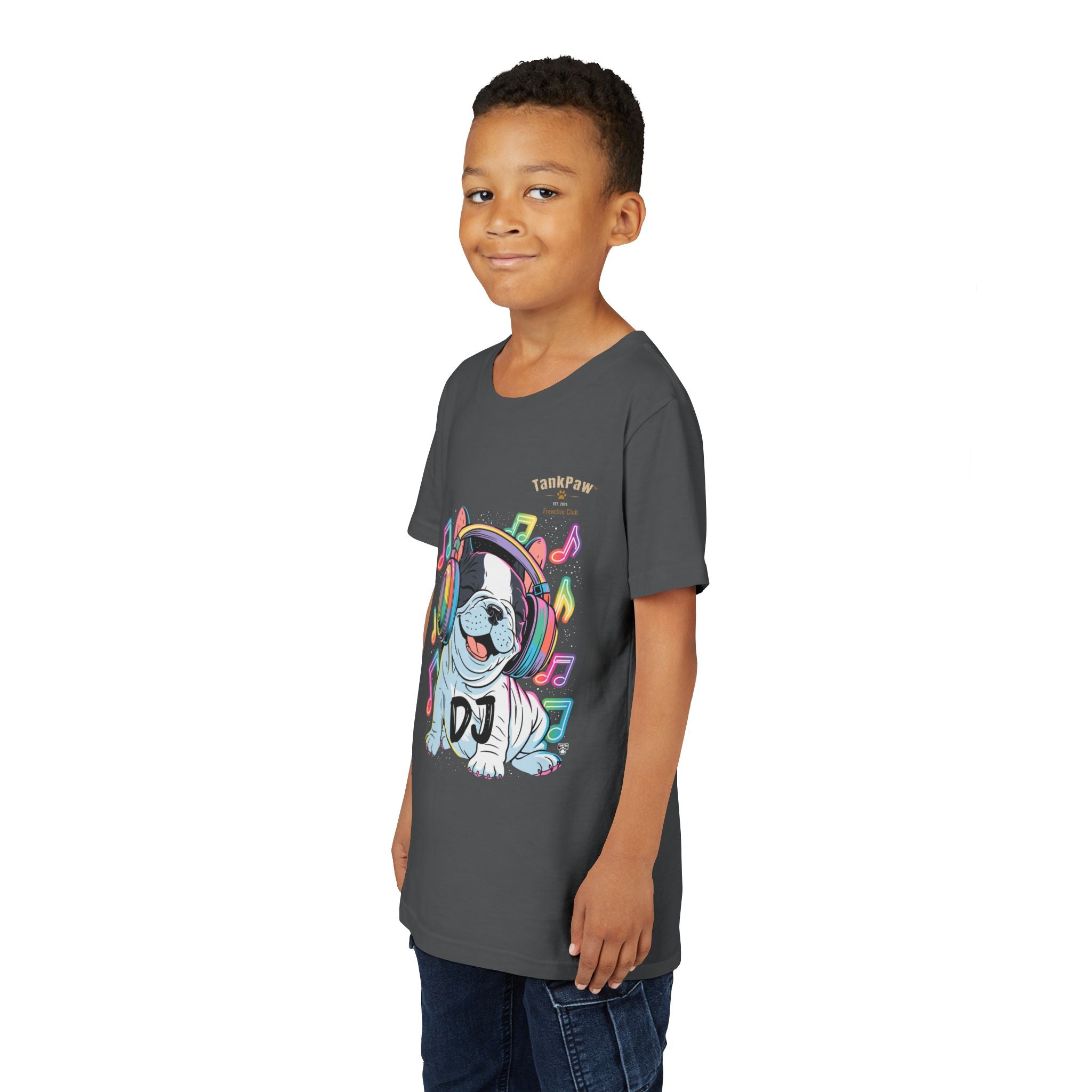DJ Bulldog Kids Tee — Colorful Headphones Music T-Shirt for Boys & Girls