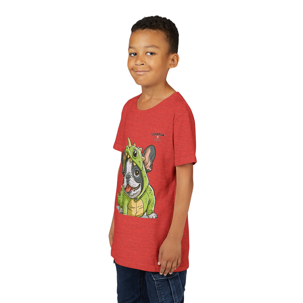 Kids Dino Costume Tee — Cute French Bulldog Puppy in Green Dinosaur Outfit