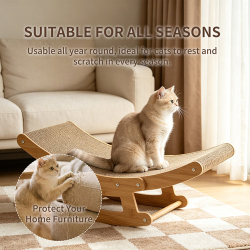 2-in-1 Cat Rocking Bed & Scratcher | Wooden Cat Lounge with Cardboard Scratch Pad for Indoor Cats