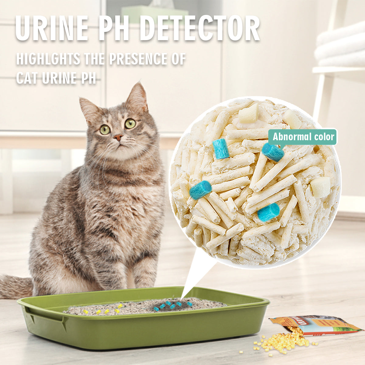 Cat litter health indicator pellets for daily cat care monitoring